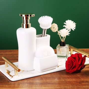 Ixora� soap Dispenser for Kitchen Sink with Round Sponge and Long Brush White Colour Ceramic with Golden Pump