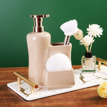 Ixora� soap Dispenser for Kitchen Sink with Round Sponge and Long Brush Beige Colour Ceramic with Golden Pump