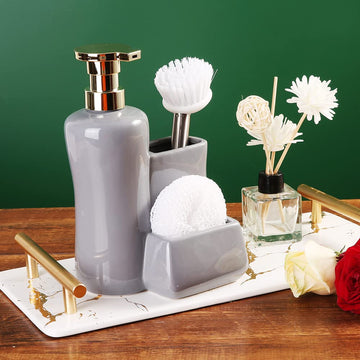 Ixora� soap Dispenser for Kitchen Sink with Round Sponge and Long Brush Grey Colour Ceramic with Golden Pump