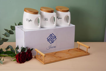 Ixora tea coffee sugar canister set with wooden tray 750 ml capacity