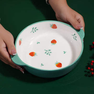 Ixora ceramic round bakeware with handles 24 cm green strawberry design