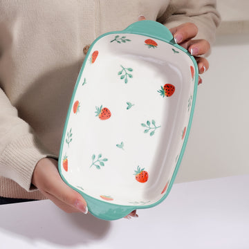 Ixora ceramic rectangle bakeware with handles 27 cm green strawberry design