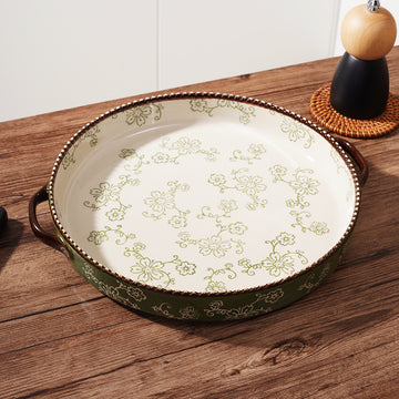 Ixora Ceramic 11 Inch Round Baking Dish with Double Handle, 28 Ounce Deep Plate for Kitchen, Cooking, Roasting Lasagna green