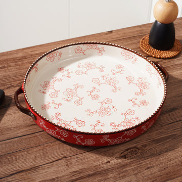 Ixora Ceramic 11 Inch Round Baking Dish with Double Handle, 28 Ounce Deep Plate for Kitchen, Cooking, Roasting Lasagna red