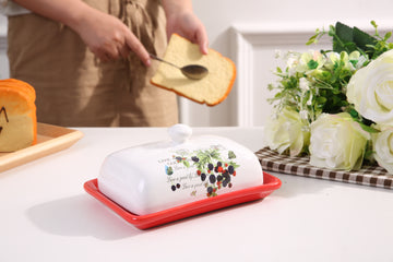 Ixora butter dish red with with lid ceramic
