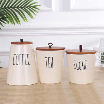 Ixora off white 1L tea coffee sugar canister with wooden lid (3 sizes)