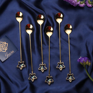 Ixora golden spoon set of 6 golden color with hanging star shaped