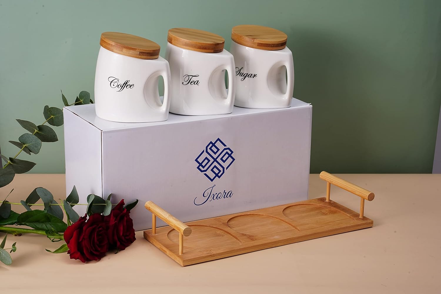 Ixora tea coffee sugar canister set with wooden tray 750 ml capacity