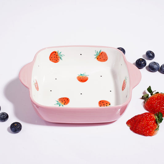 Ixora ceramic square bakeware with handles  18 cm pink strawberry design