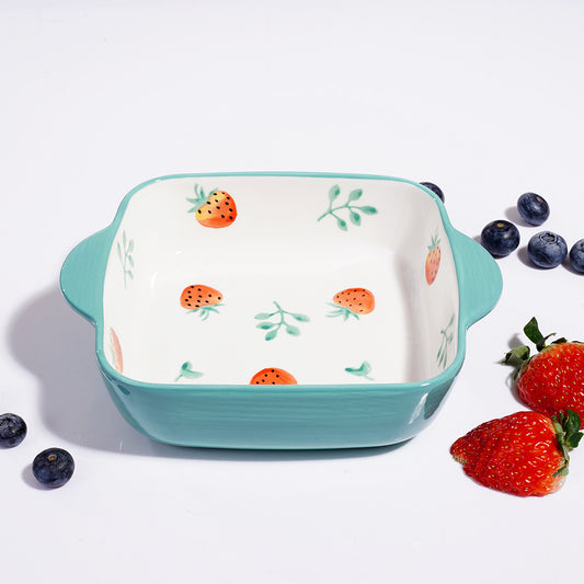 Ixora ceramic square bakeware with handles  18 cm green strawberry design