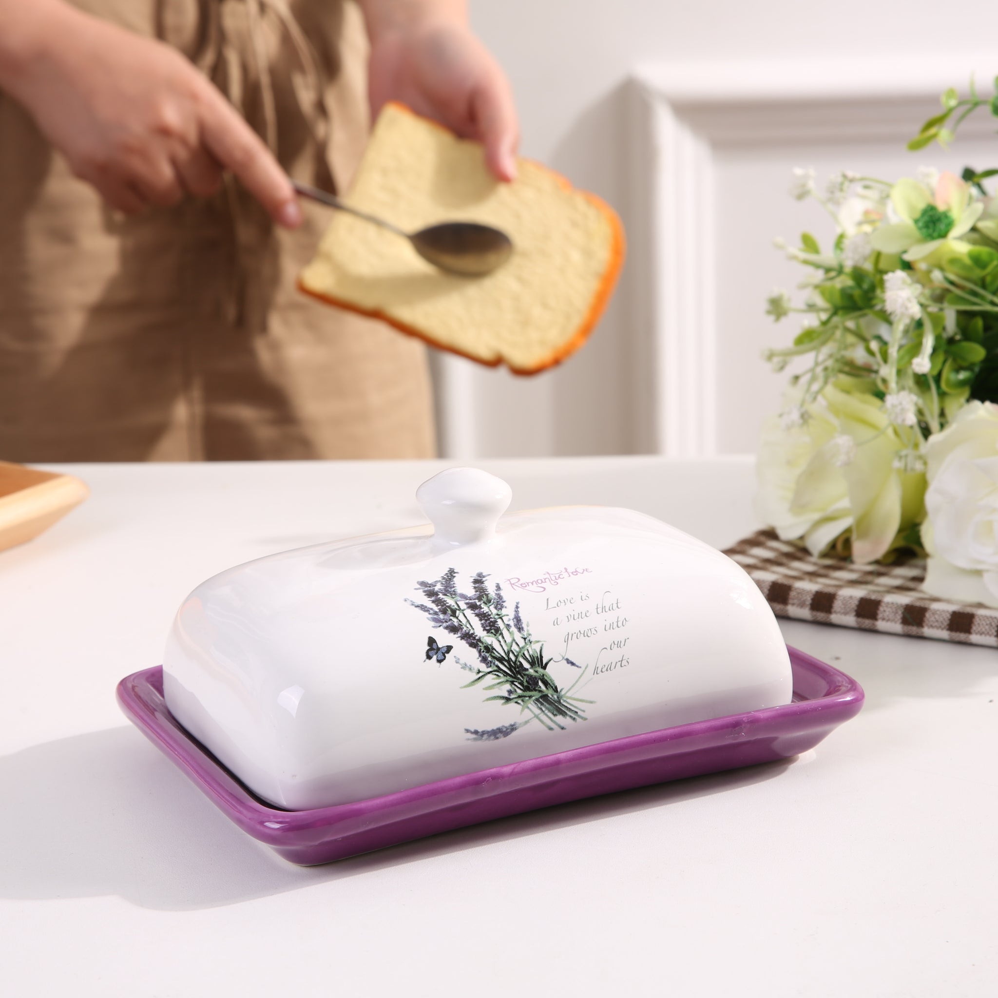 Ixora butter dish purple with with lid ceramic