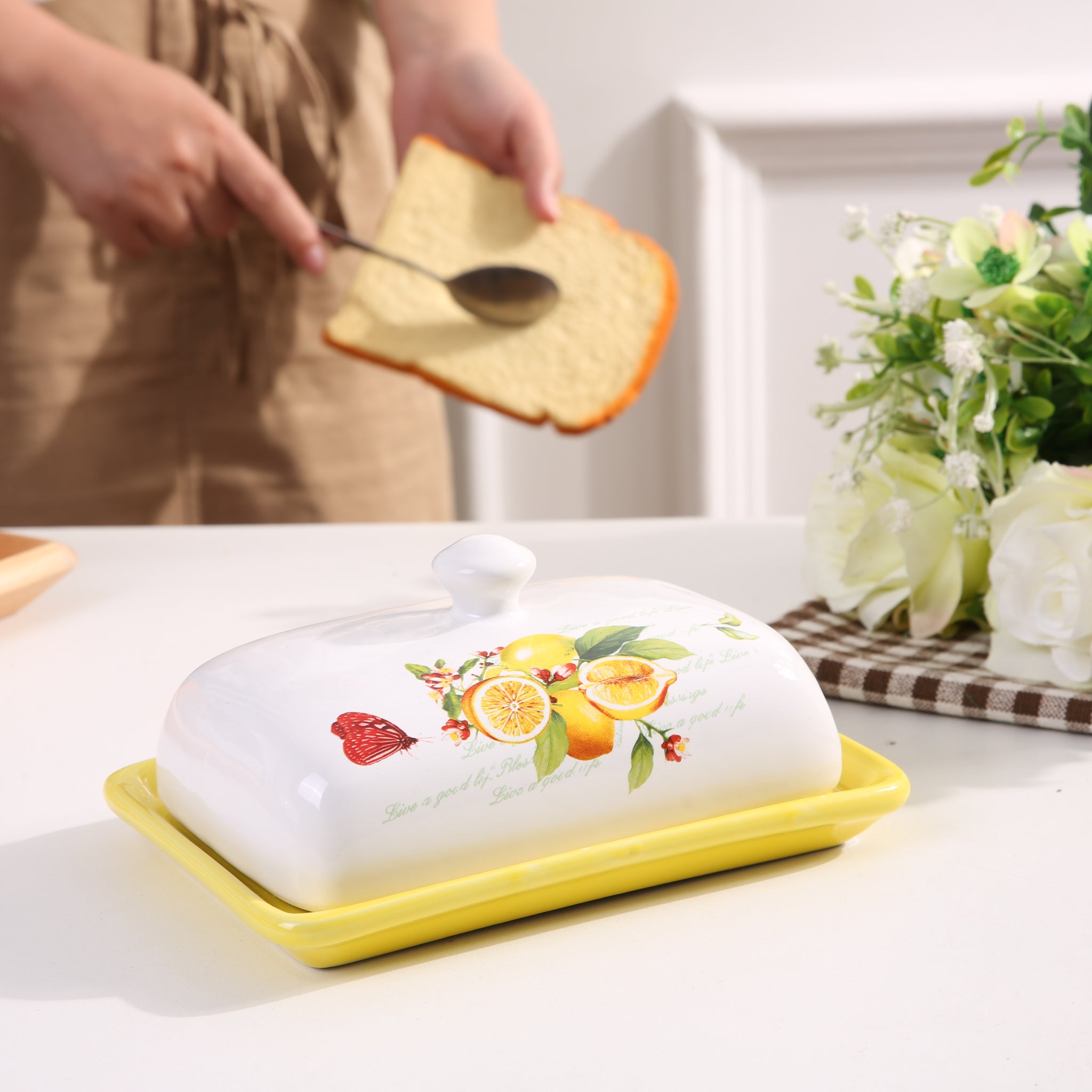 Ixora butter dish yellow with with lid ceramic