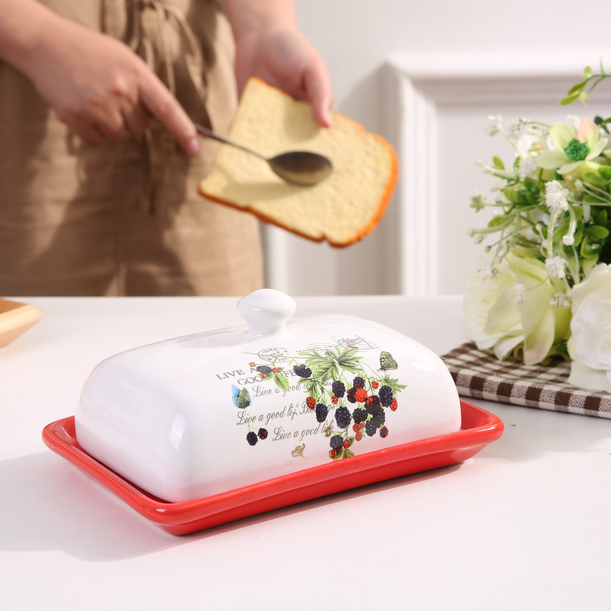 Ixora butter dish red with with lid ceramic