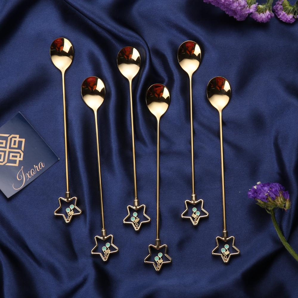 Ixora golden spoon set of 6 golden color with hanging star shaped